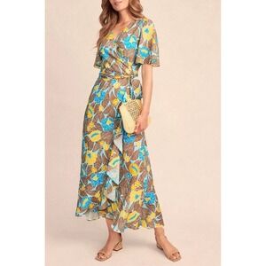 J McLaughlin Blue & Tan Floral Audette Wrap Dress Size XL Ruffle Maxi Boho Flowy